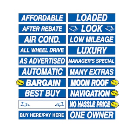 15 White & Blue Adhesive Windshield Slogans: Buy Here/Pay Here Pk